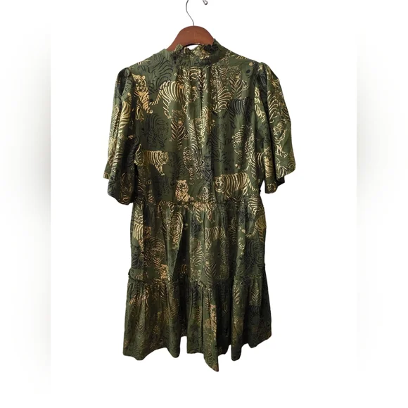 NWT Jude Connally Shirley Dress Cotton Voile Tiered Olive Mini Dress Size M - Picture 7 of 14